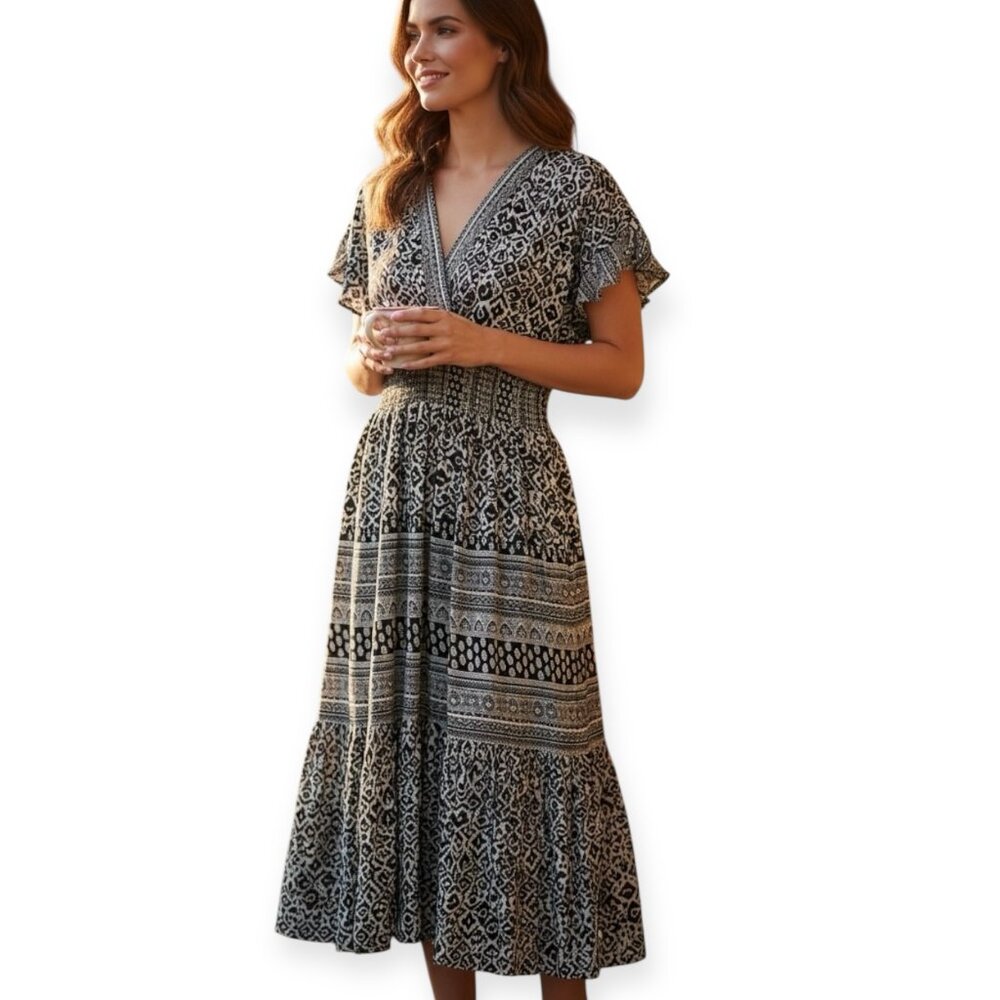 J Gee Boho Midi Dress XL Smocked Tiered Cottagecore Prairie